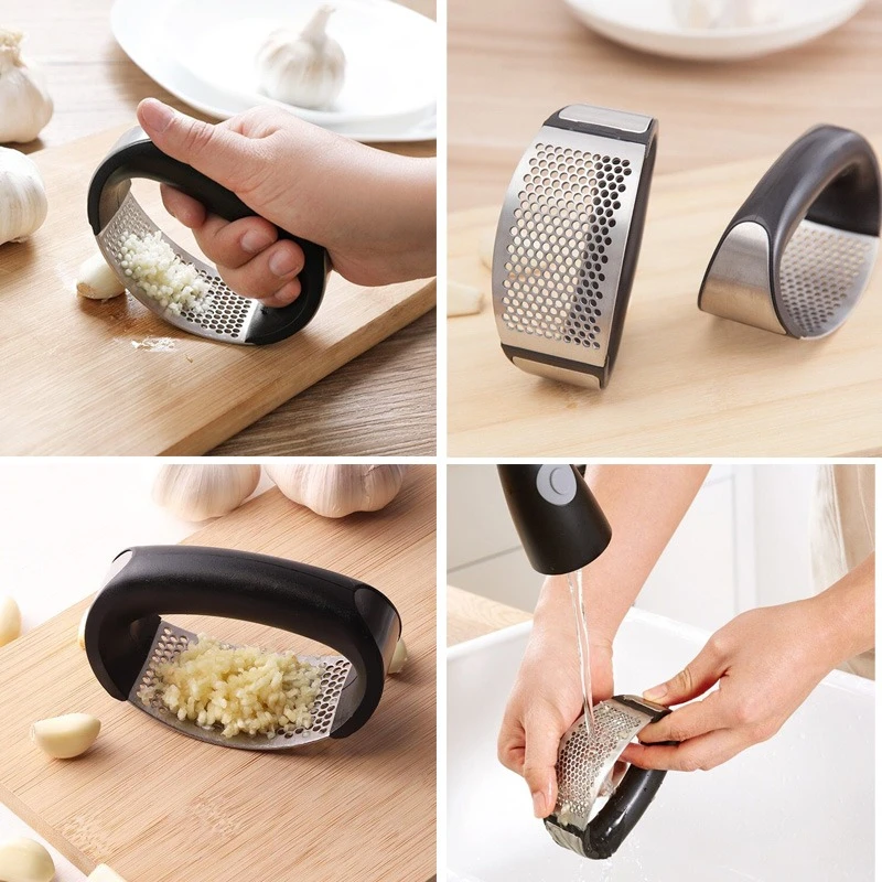 Garlic Press Rocker Garlic Peeler Set Stainless Steel Garlic Crusher Squeezer Slicer Mincer Chopper Kitchen Gadget with Handle